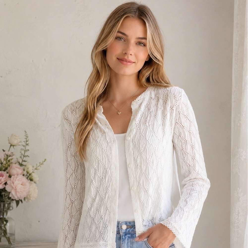 Vintage Lace Open Knit Cardigan Womens M White Button Front Romantic Feminine